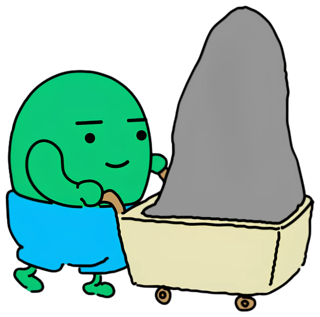 Zig pushing a wooden cart with a huge grey boulder in it, determined face