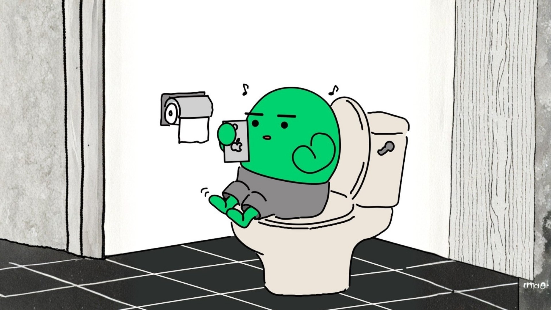 Zig sitting on a toilet, checking his phone, humming to himself